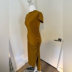 Theory Mustard Ruched Maxi Dress